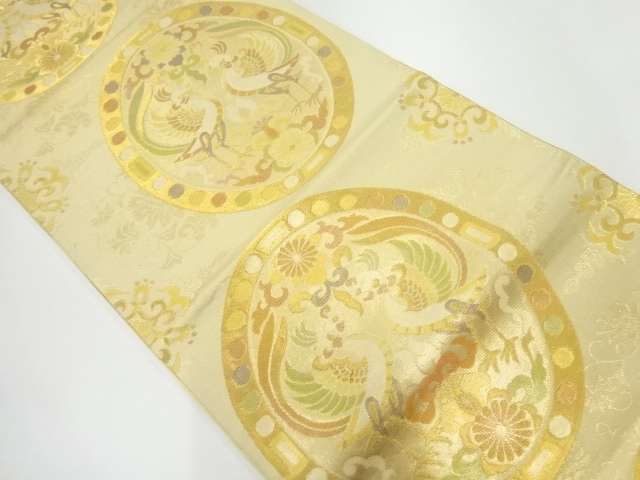JAPANESE KIMONO / ANTIQUE FUKURO OBI / SILK / WOVEN ROUNDEL CREST & BIRDS & FLOWERS